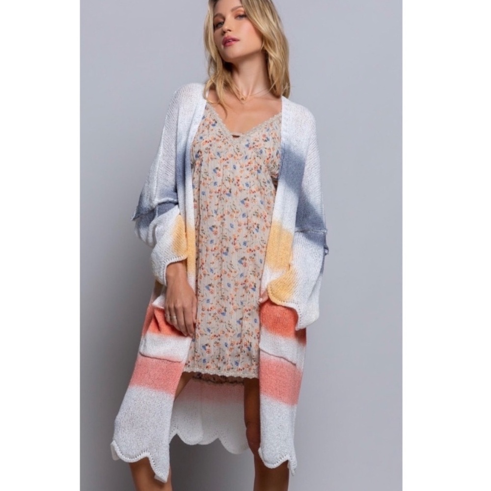 POL Rainbow Striped Duster Cardigan Sweater Open Front Pockets Oversized Boho